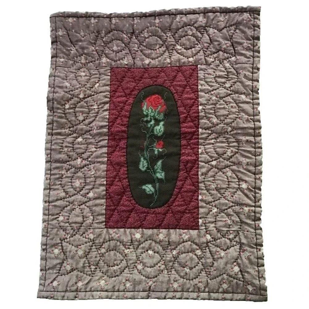 Wall Hanging Quilt Roses Cross Stitch Burgundy Handmade Vintage Handquilted